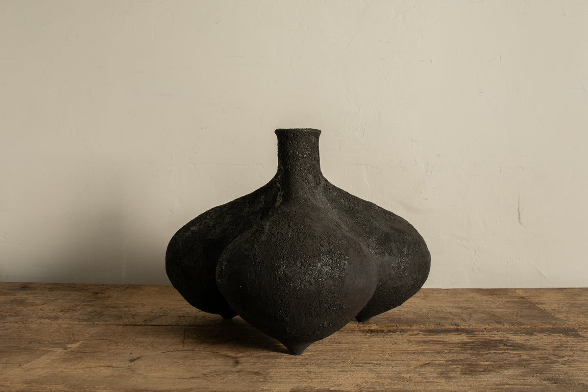 Large Tripod Vessel, Black Volcanic Glaze
