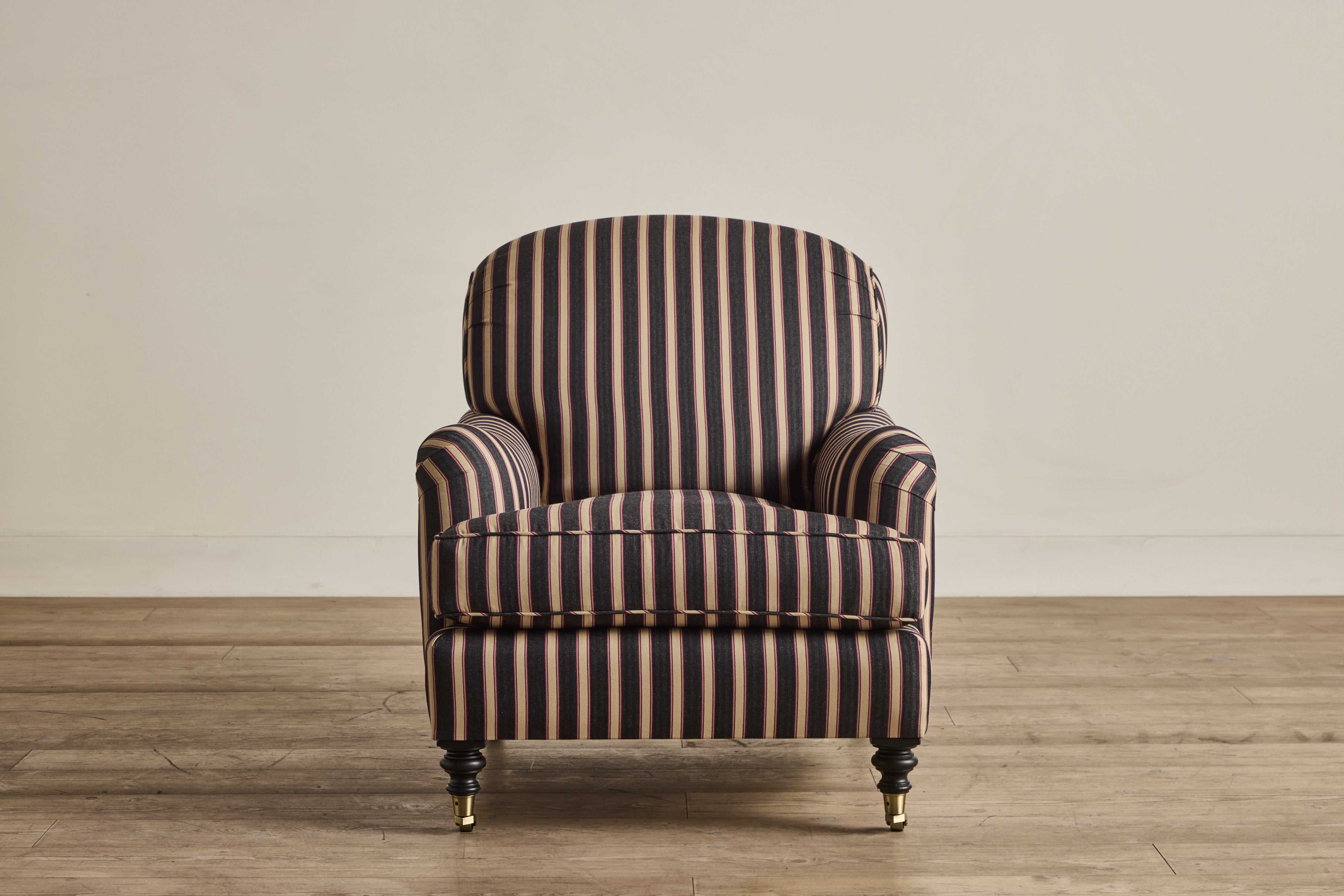 Shown in Customer's Own Material (Ian Mankin, Silhouette Stripe in Black/Claret and Dark Oak), 32"