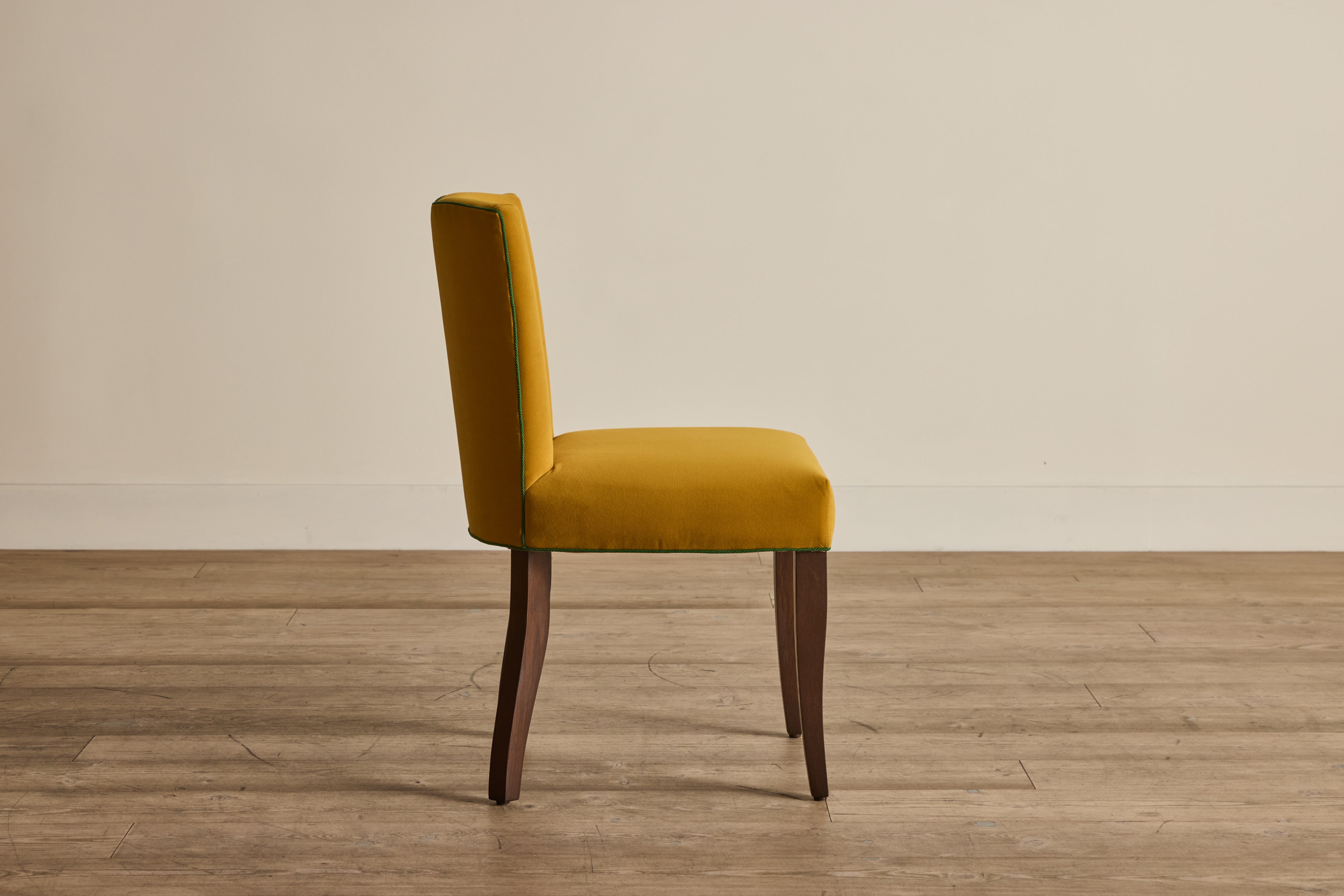 Shown in Customer's Own Material (Barker House, Velvet Ochre and Samuel & Sons, Saisons Cord in Basil) And Saddle