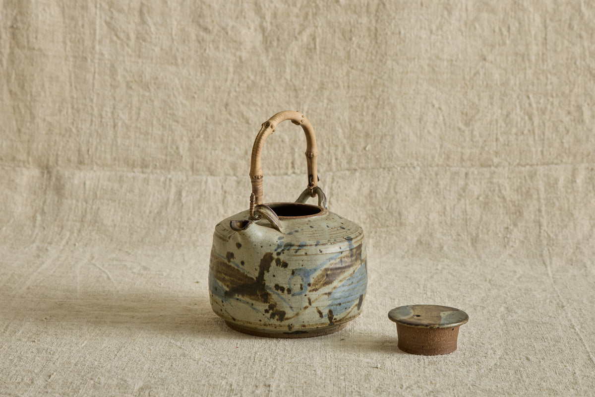 Blue Ceramic Teapot with Bamboo Handle