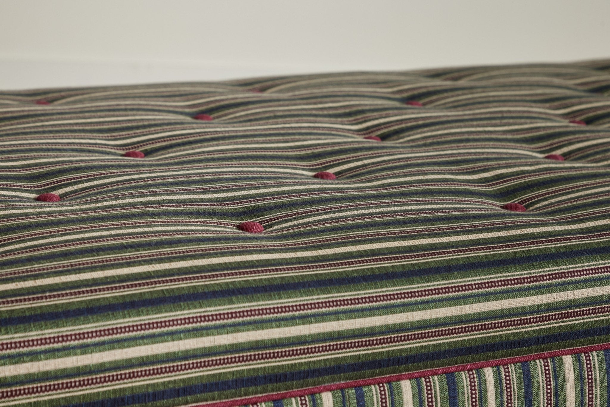 Shown in Susan Deliss Bursa Stripe in Ivy Mulberry Stone and Libeco Laundered Linen in Merlot trim with Ebony