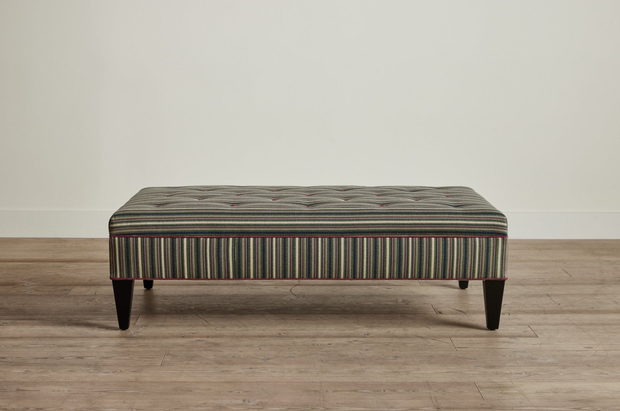 Shown in Susan Deliss Bursa Stripe in Ivy Mulberry Stone and Libeco Laundered Linen in Merlot trim with Ebony