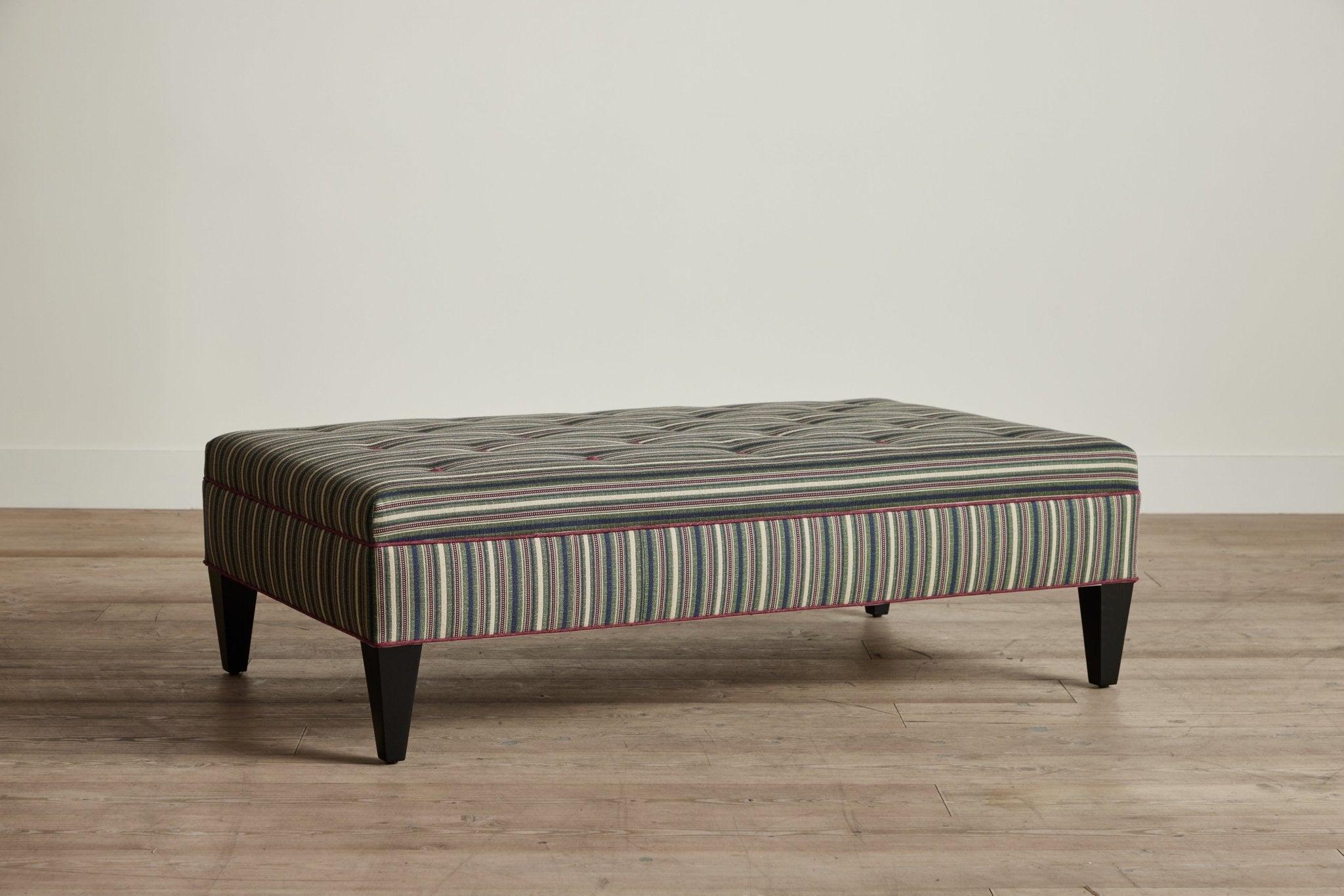Shown in Susan Deliss Bursa Stripe in Ivy Mulberry Stone and Libeco Laundered Linen in Merlot trim with Ebony