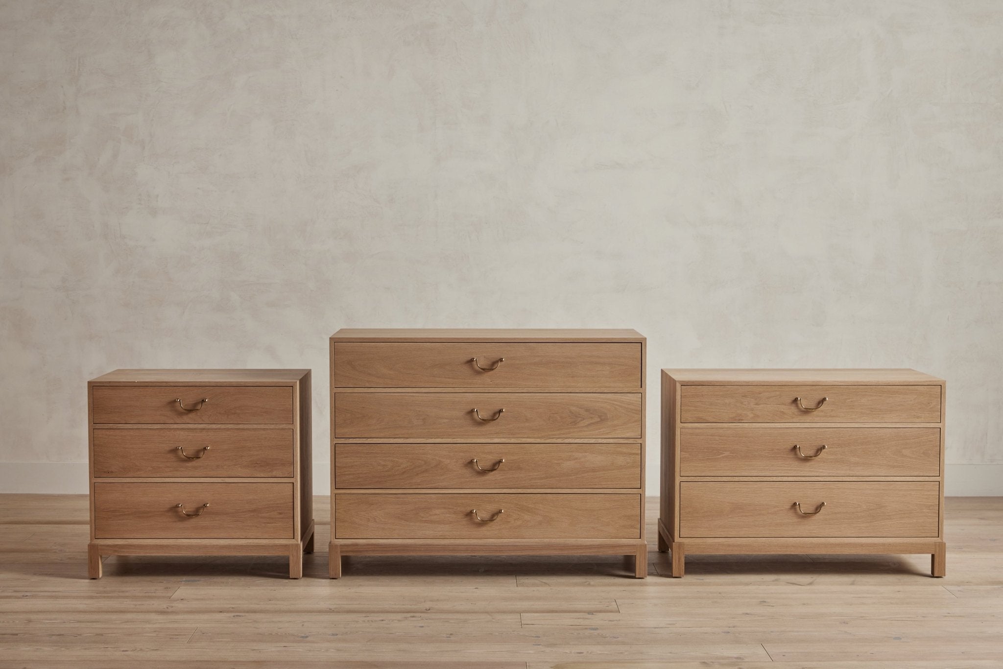 Shown in L to R: 28in. Campaign Chest, 42 in. Campaign Dresser, 36 in. Campaign Chest