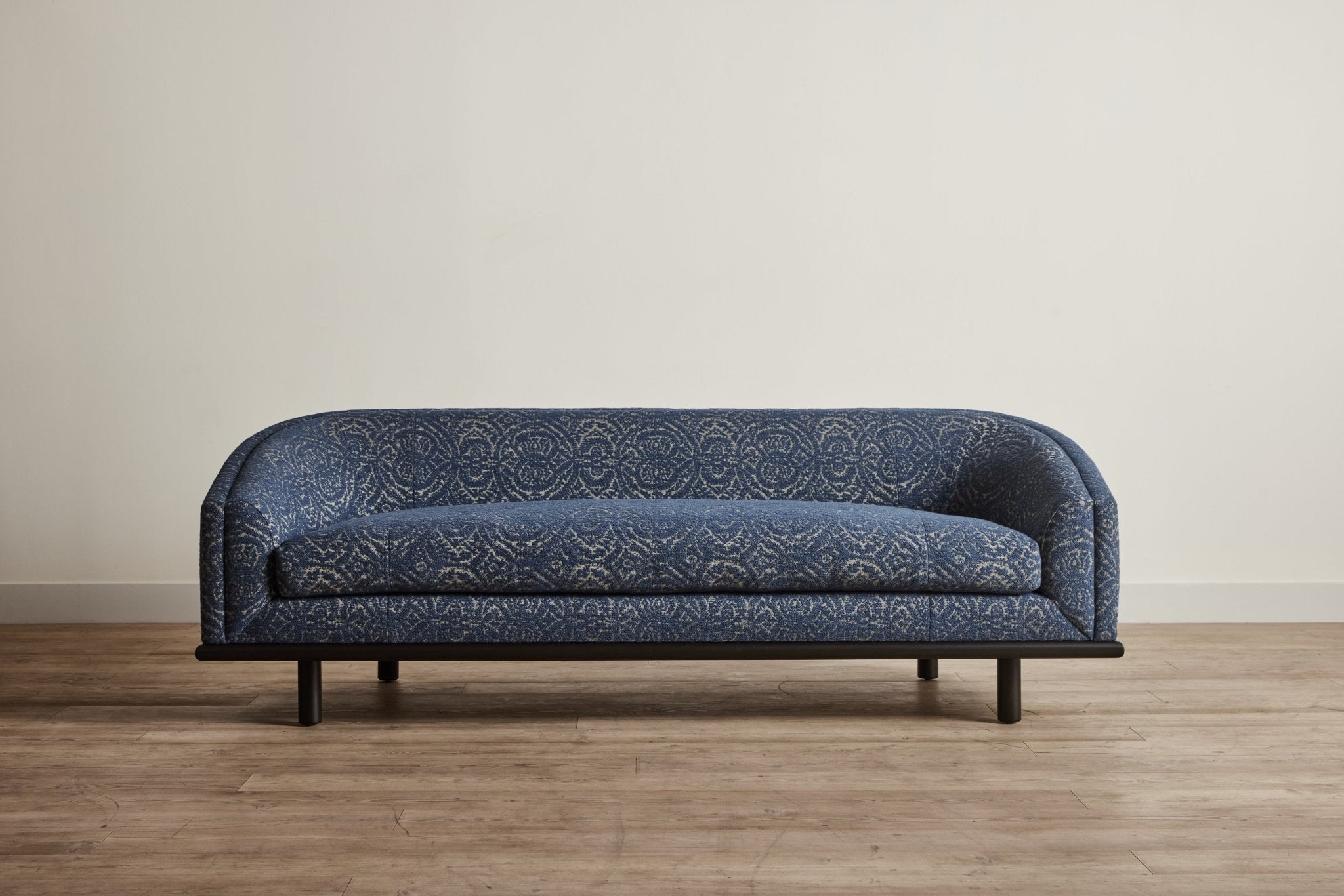 Shown in Customer's Own Material (McLaurin & Piercy Carlyle Indigo) and Dark Oak, 90 in.