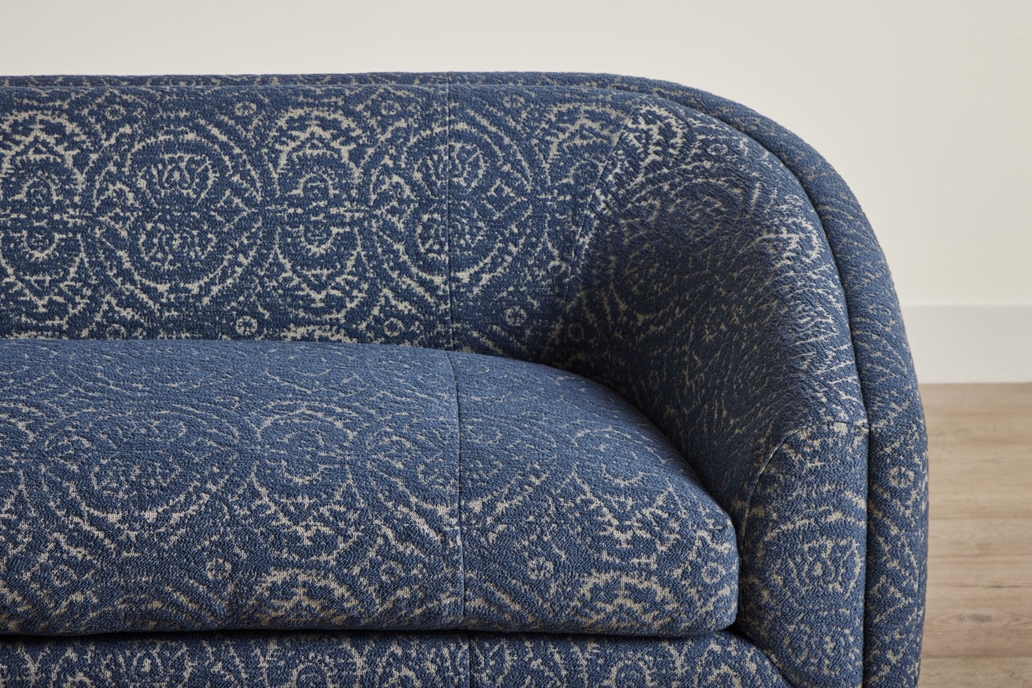 Shown in Customer's Own Material (McLaurin & Piercy Carlyle Indigo) and Dark Oak, 90 in.