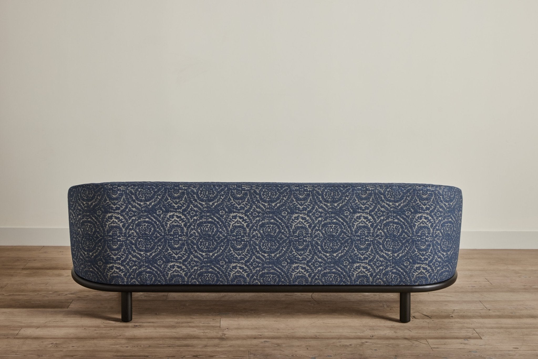 Shown in Customer's Own Material (McLaurin & Piercy Carlyle Indigo) and Dark Oak, 90 in.