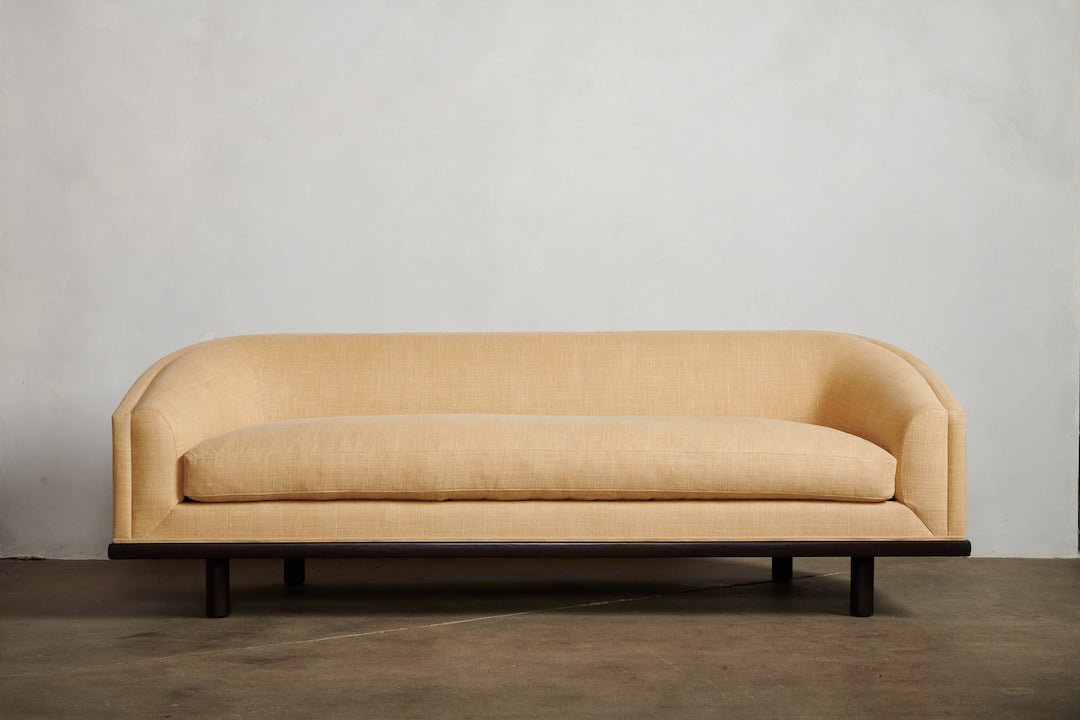 Shown in Customer's Own Material (Cornsilk Linen) and Dark Oak, 90 in.