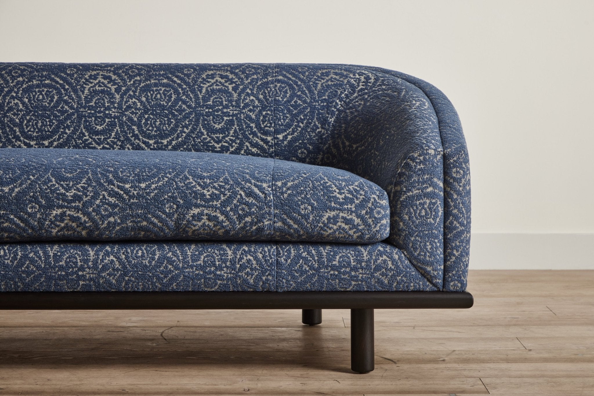 Shown in Customer's Own Material (McLaurin & Piercy Carlyle Indigo) and Dark Oak, 90 in.