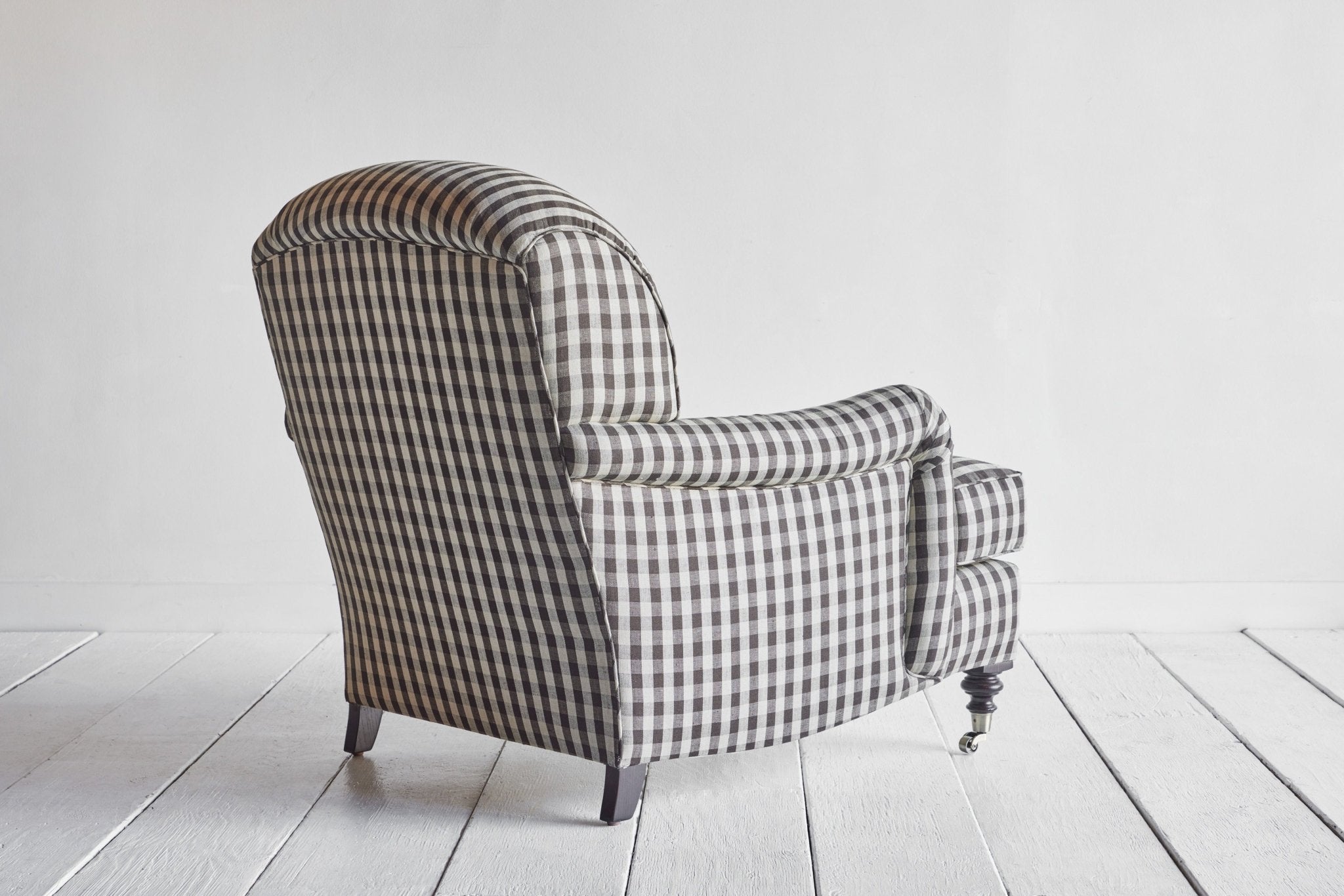 Shown in Customer's Own Material (Wells Textiles Sonoma Check) and Dark Oak, Small Size