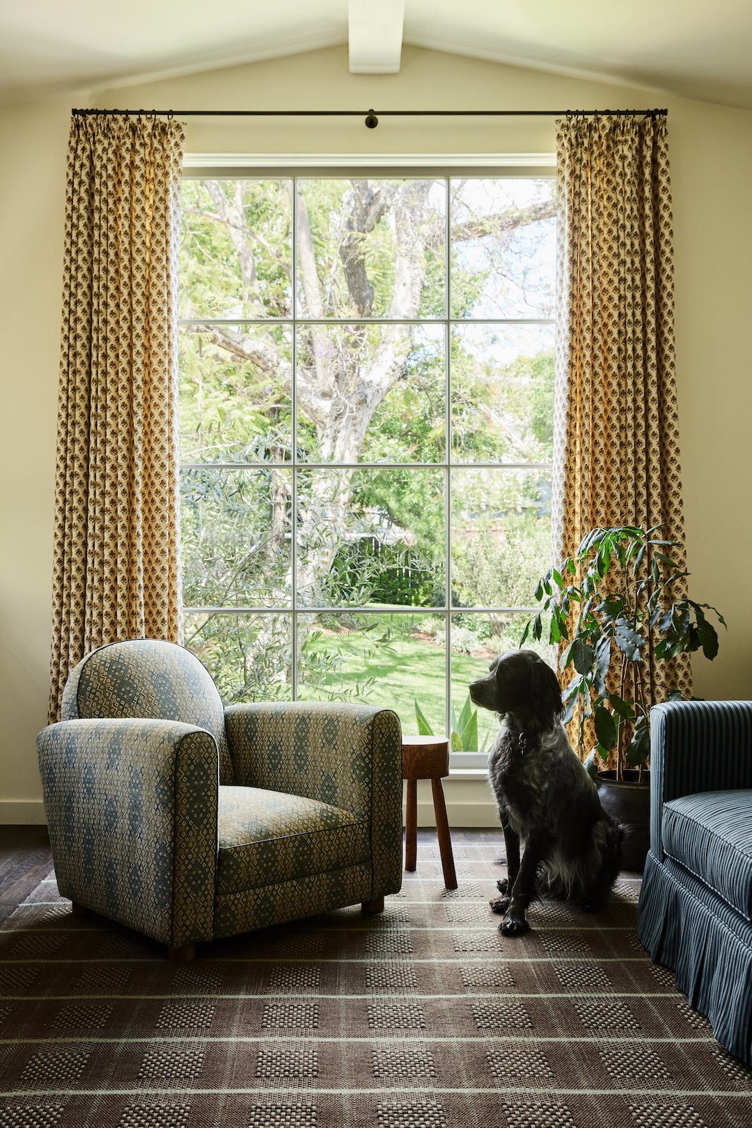 Shown in Susan Deliss Teal/Moss/Stone Criss Cross Weave and Natural Oak