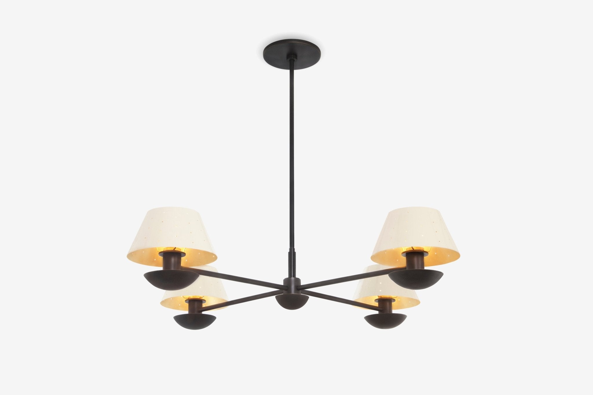 Shown in Bronze Finish with Bronze accents and RAL #1015 Light Ivory powder coat shades with Brass Lacquered interior