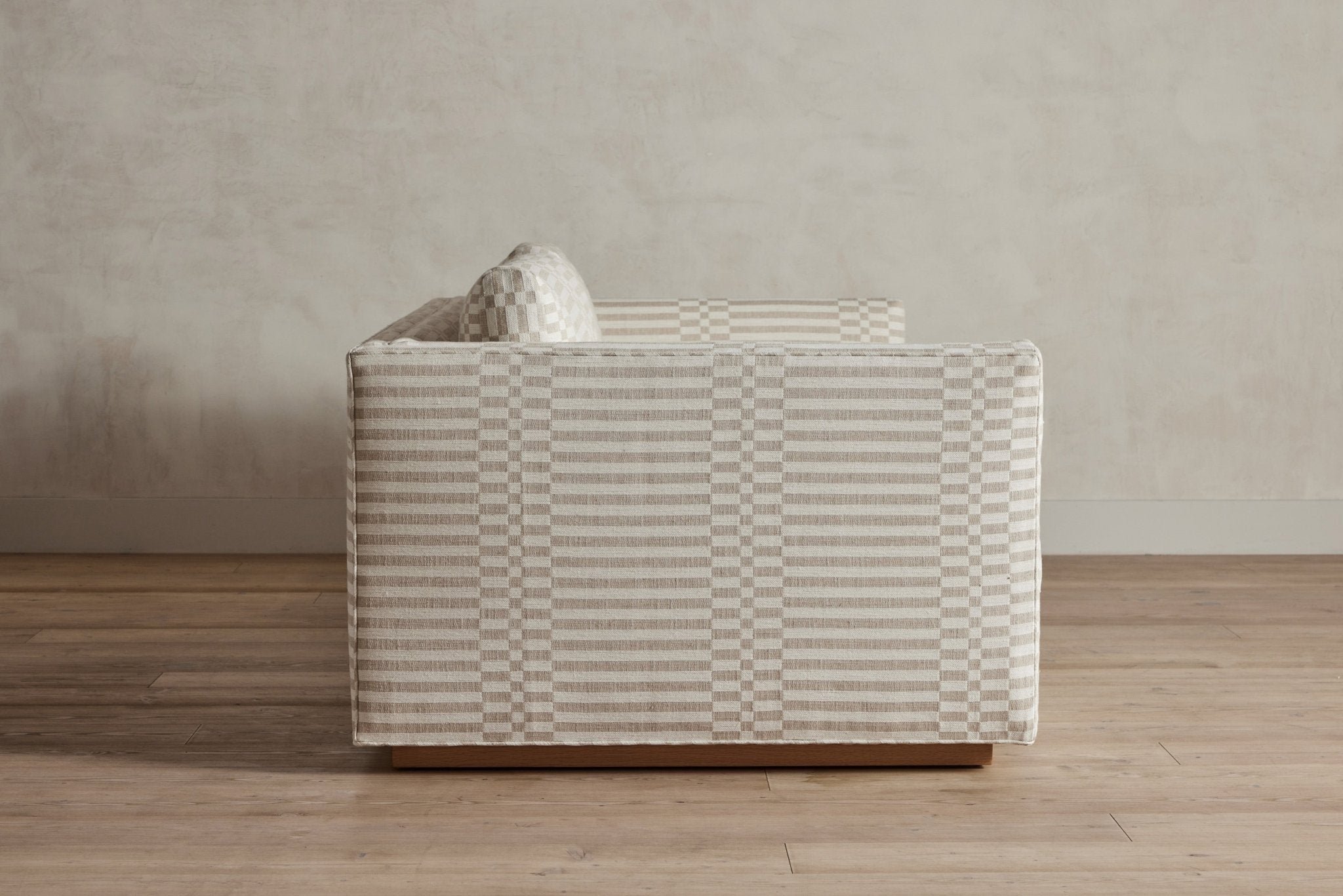 Shown in Customer's Own Material (George Spencer Design Check Stripe in Natural) and Natural Oak, 84 in.