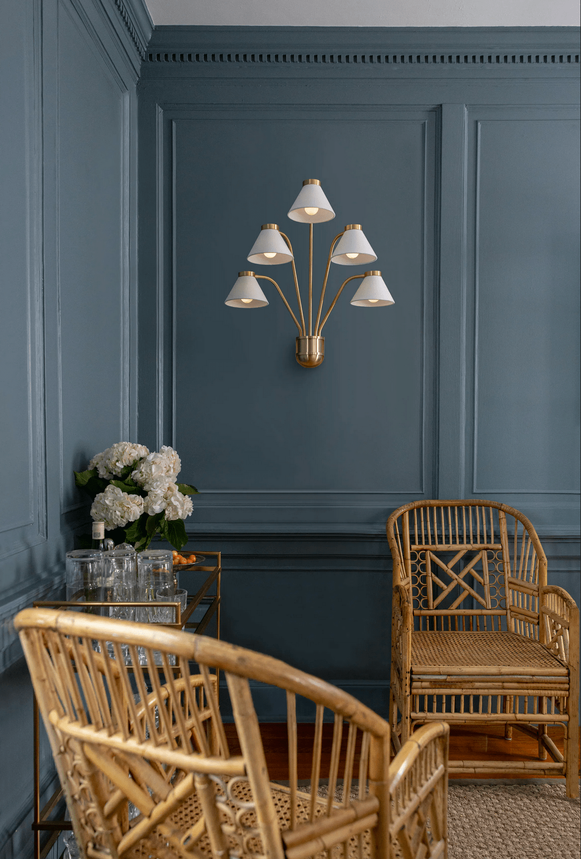 Shown in Hewn Brass Lacquered with Shades