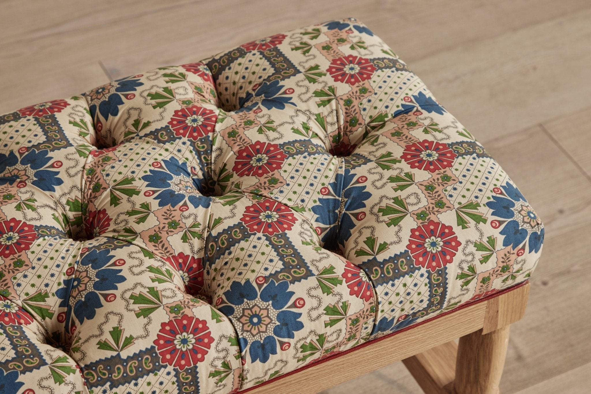 Shown in Natural Oak and Customer's Own Material (Decors Barbares Jardin Couranien Pink with Howe Poppy Leather Piping)