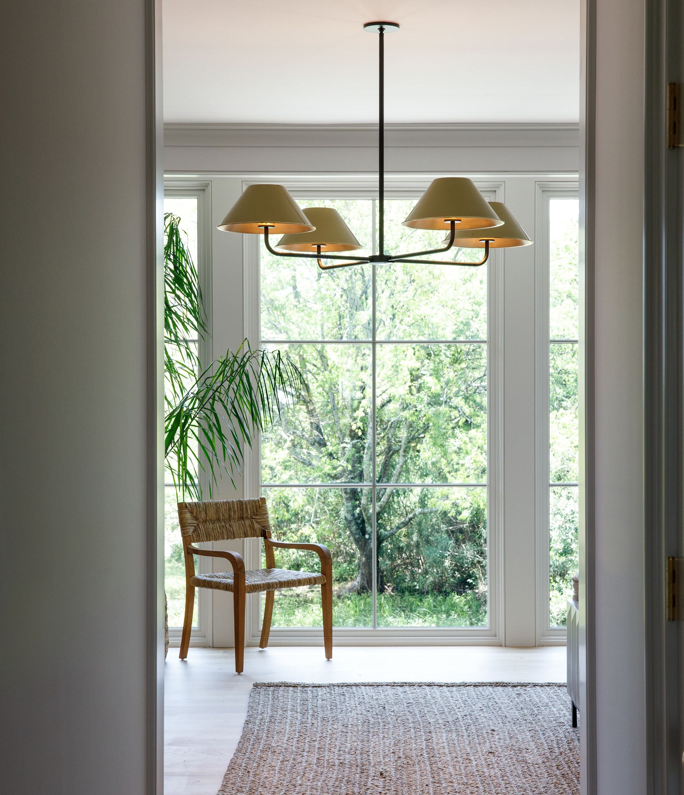 Shown in Black finish with large Benjamin Moore 383 Meadow View shades and Hewn Brass Lacquered interior