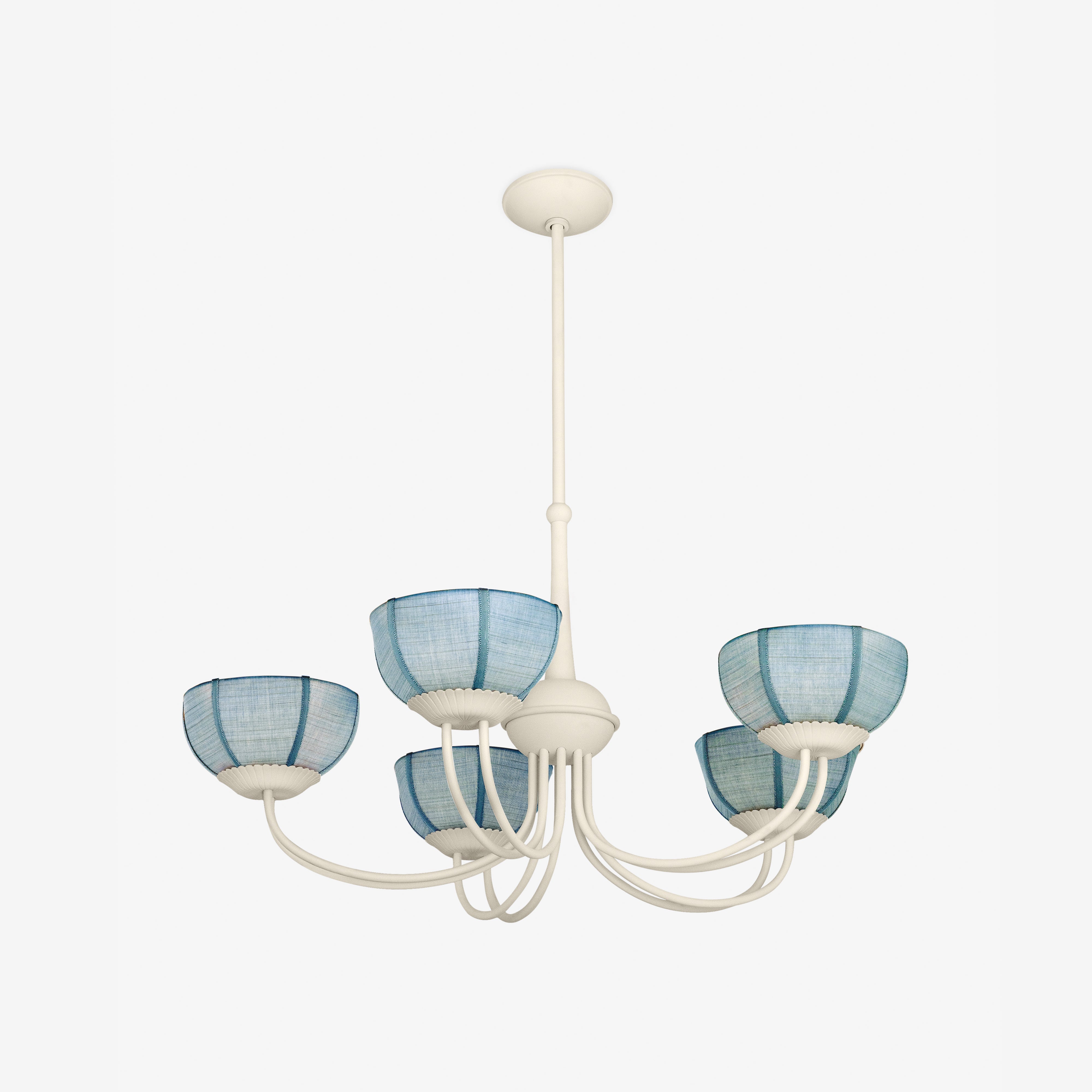 Shown in UECo. Signature Color Alabaster White painted finish with Shades in Customer's Own Material Paso in Pale Marine by John Boyd Textiles