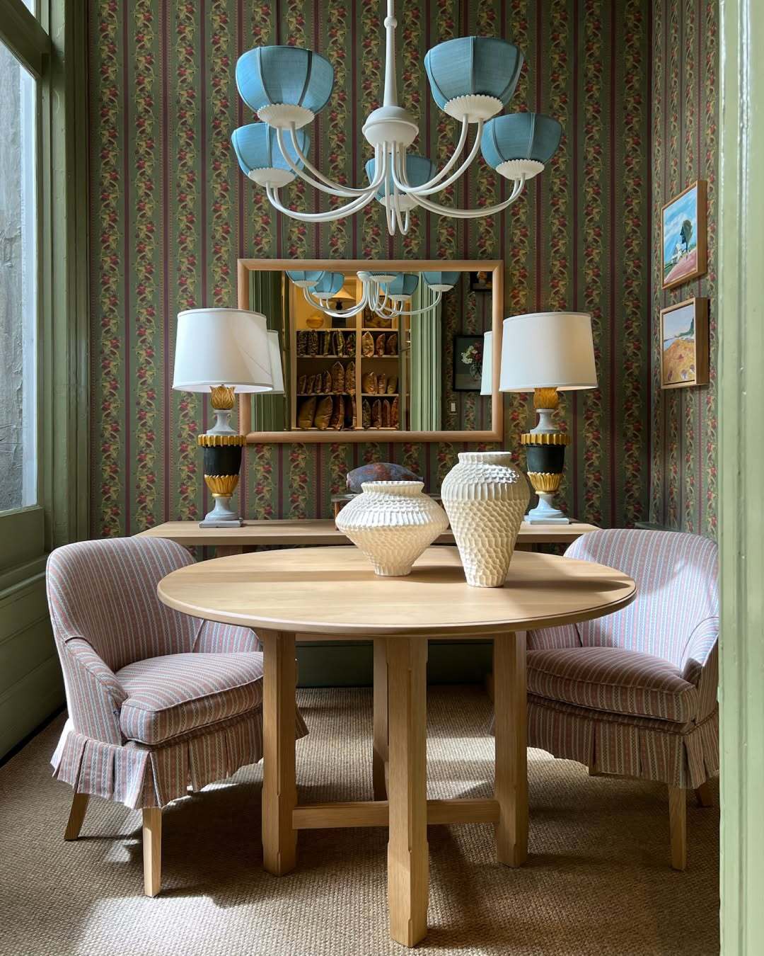 Shown in UECo. Signature Color Alabaster White painted finish with Shades in Customer's Own Material Paso in Pale Marine by John Boyd Textiles 