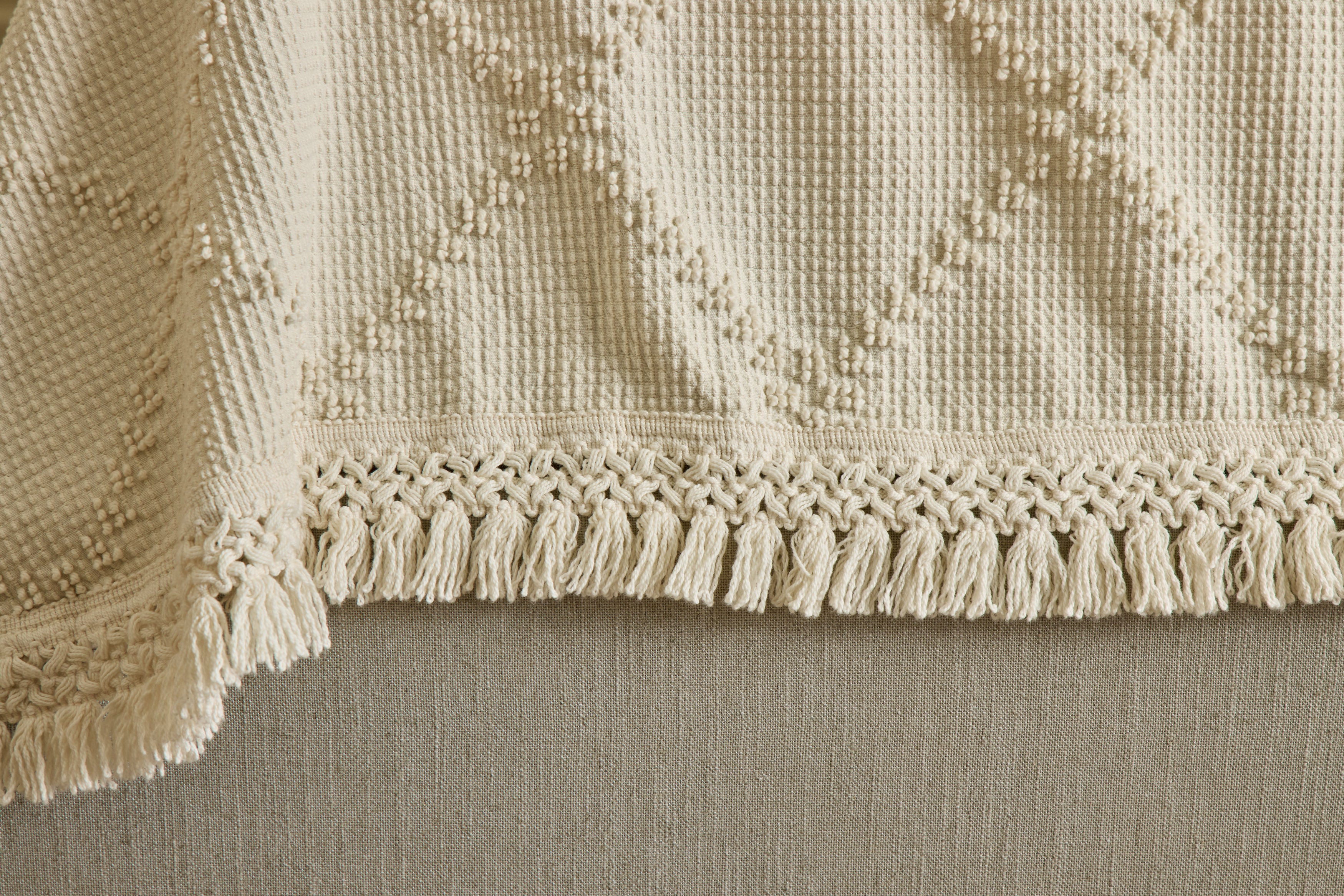 Trellis Terry Fringed Coverlet in Ivory