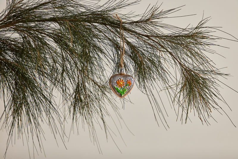 Glass Heart Orange Flowers Ornament