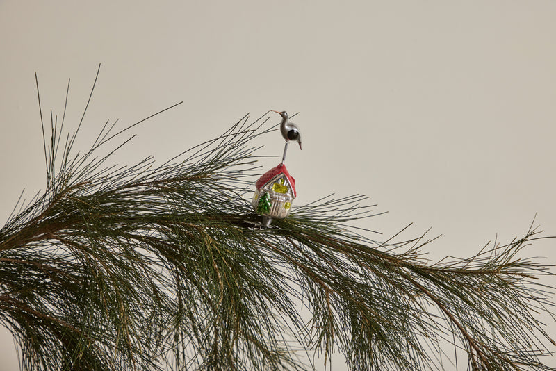 Glass Stork on House Ornament