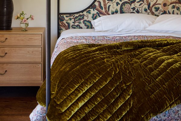 Golden Velvet and Natural Linen Throw