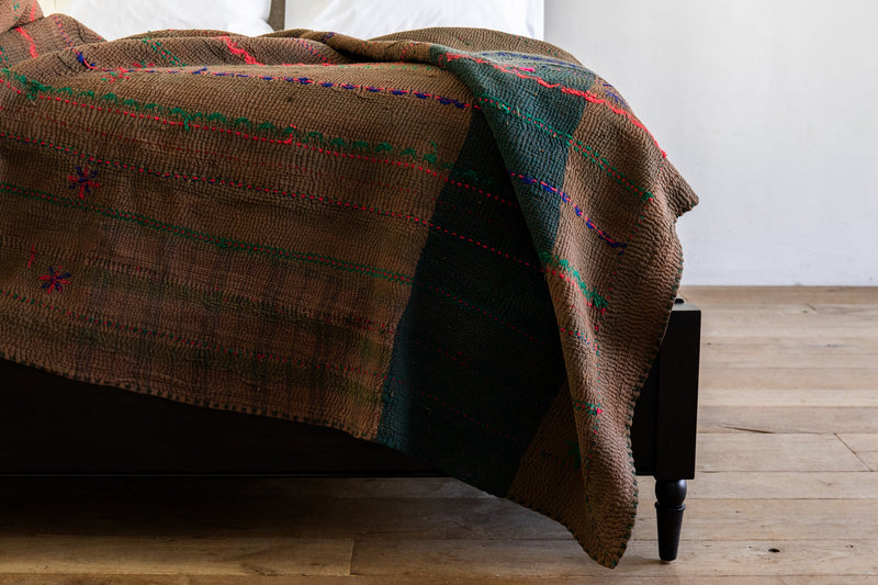 Brown and Green Kantha Quilt (Reversible)