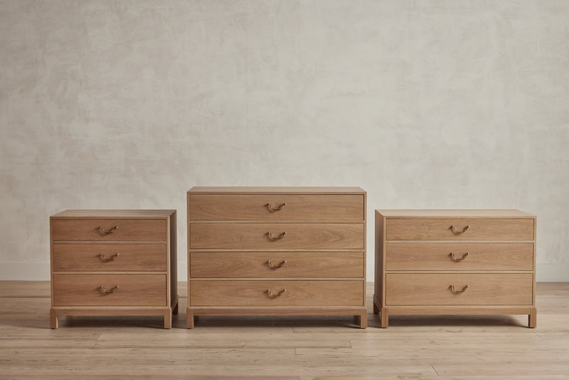 Shown in Natural Oak from Left to Right: Campaign Chest 28in W, Campaign Dresser 42in W, Campaign Chest 36in W|CAMPAIGN DRESSER AS SHOWN $6,200