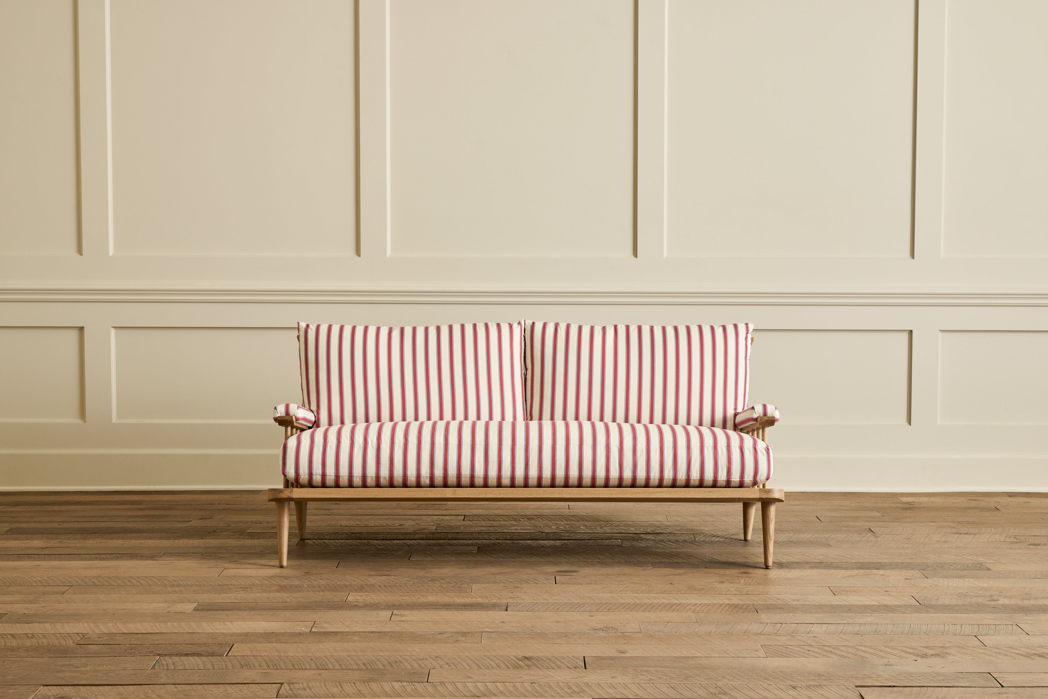 Shown in Customer's Own Material ( Ian Mankin, Blazer Stripe Peony/Airforce) and Natural Oak