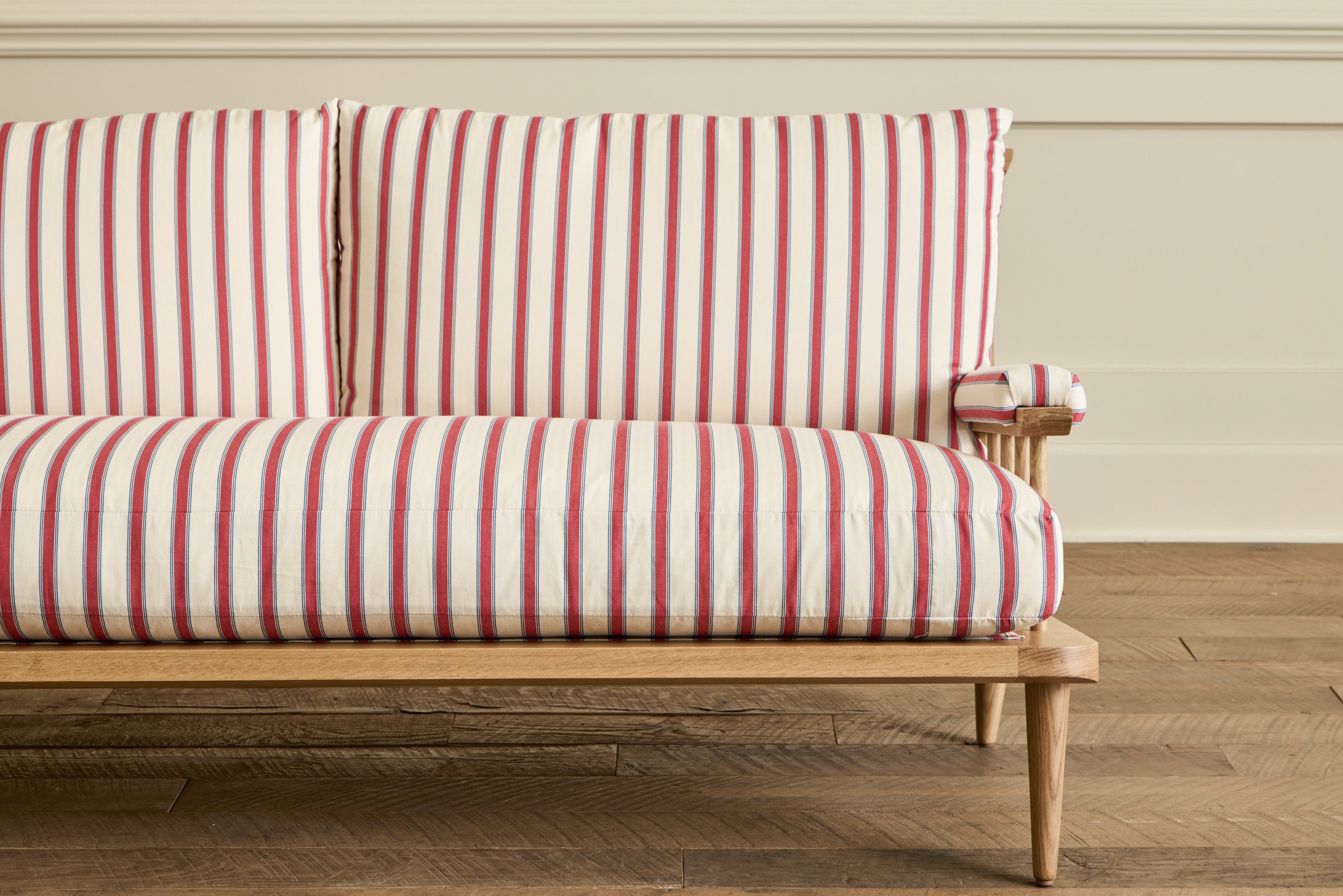Shown in Customer's Own Material ( Ian Mankin, Blazer Stripe Peony/Airforce) and Natural Oak