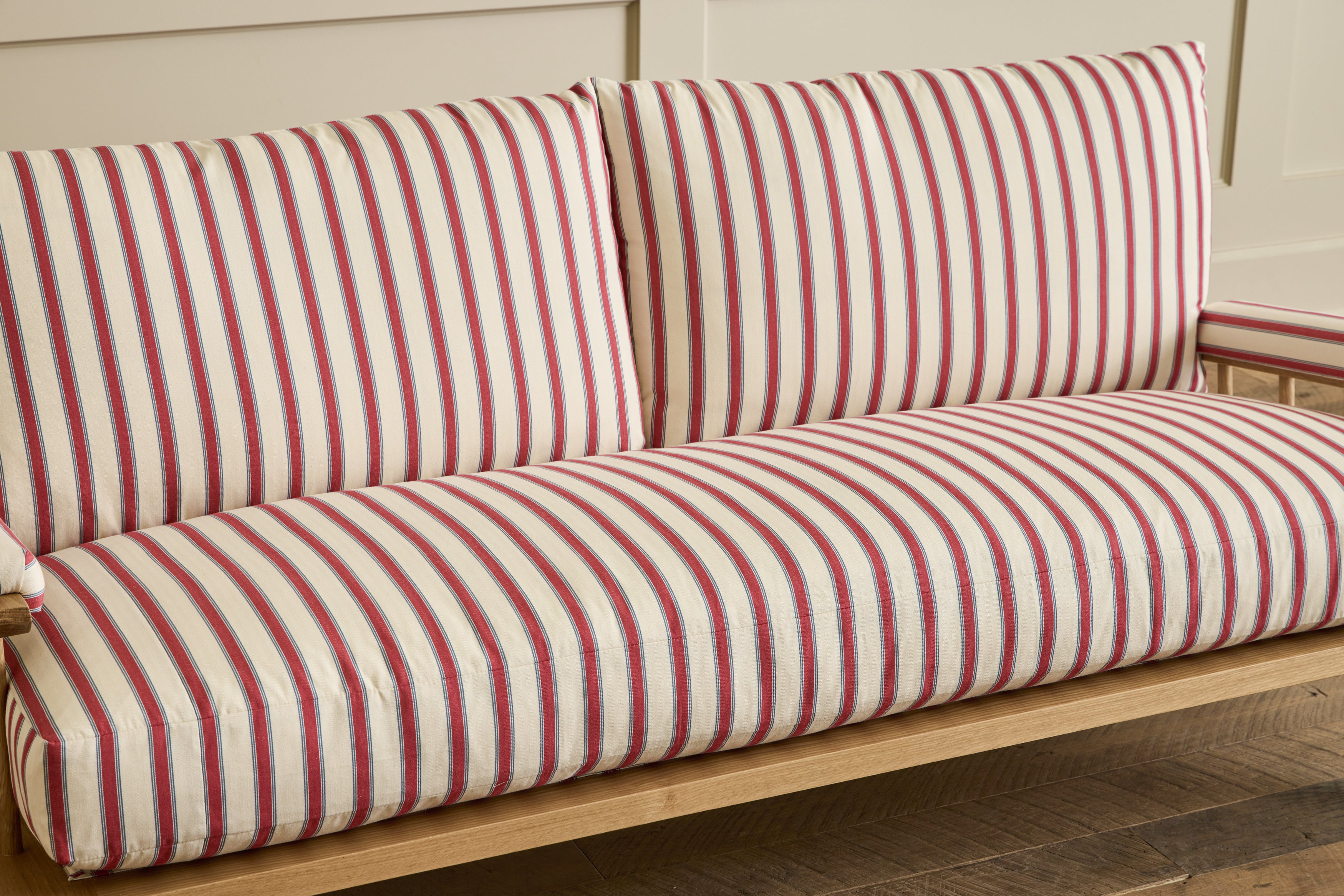 Shown in Customer's Own Material ( Ian Mankin, Blazer Stripe Peony/Airforce) and Natural Oak