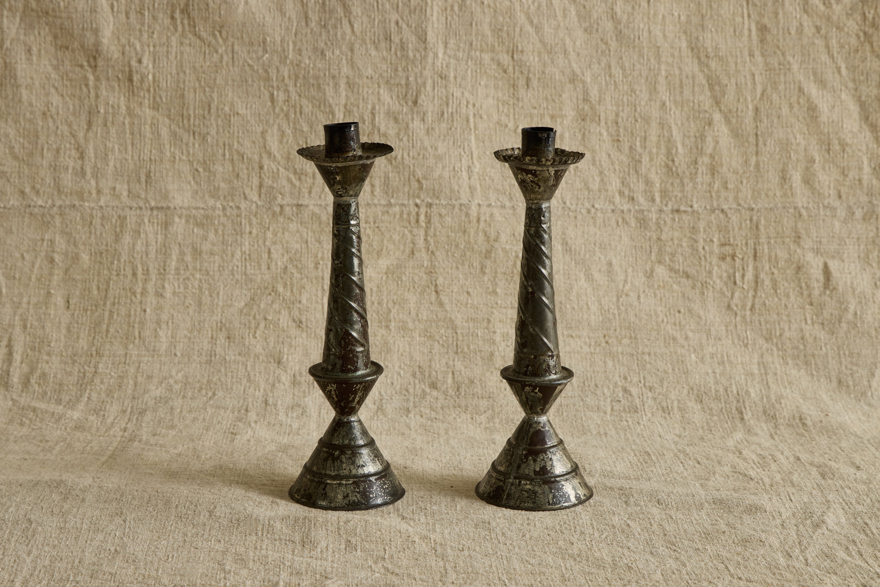 Pair of Mexican Tin Candlestick Holders
