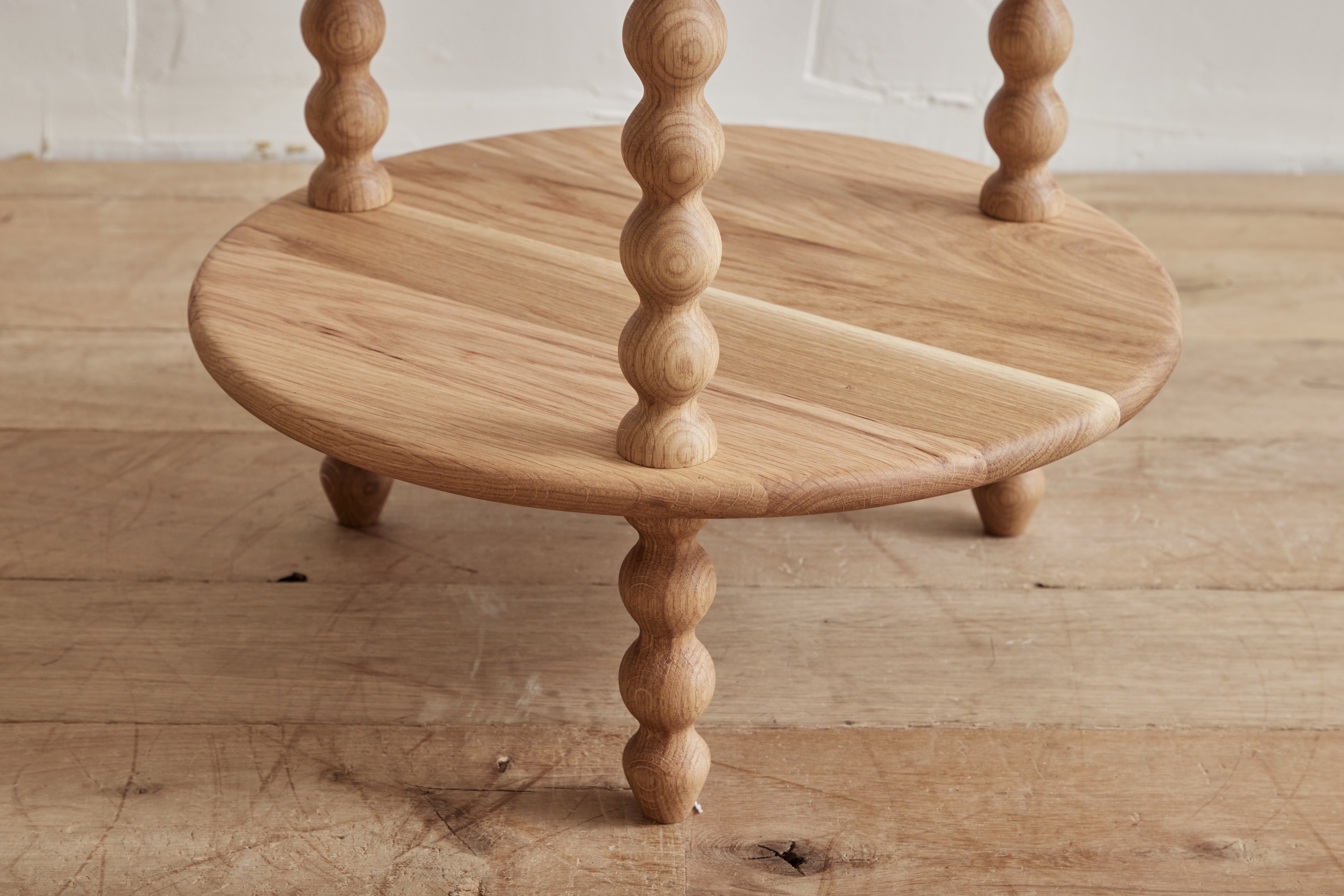 Alfred Newall, 2-Tier Round Bobbin Side Table in Natural Oak
