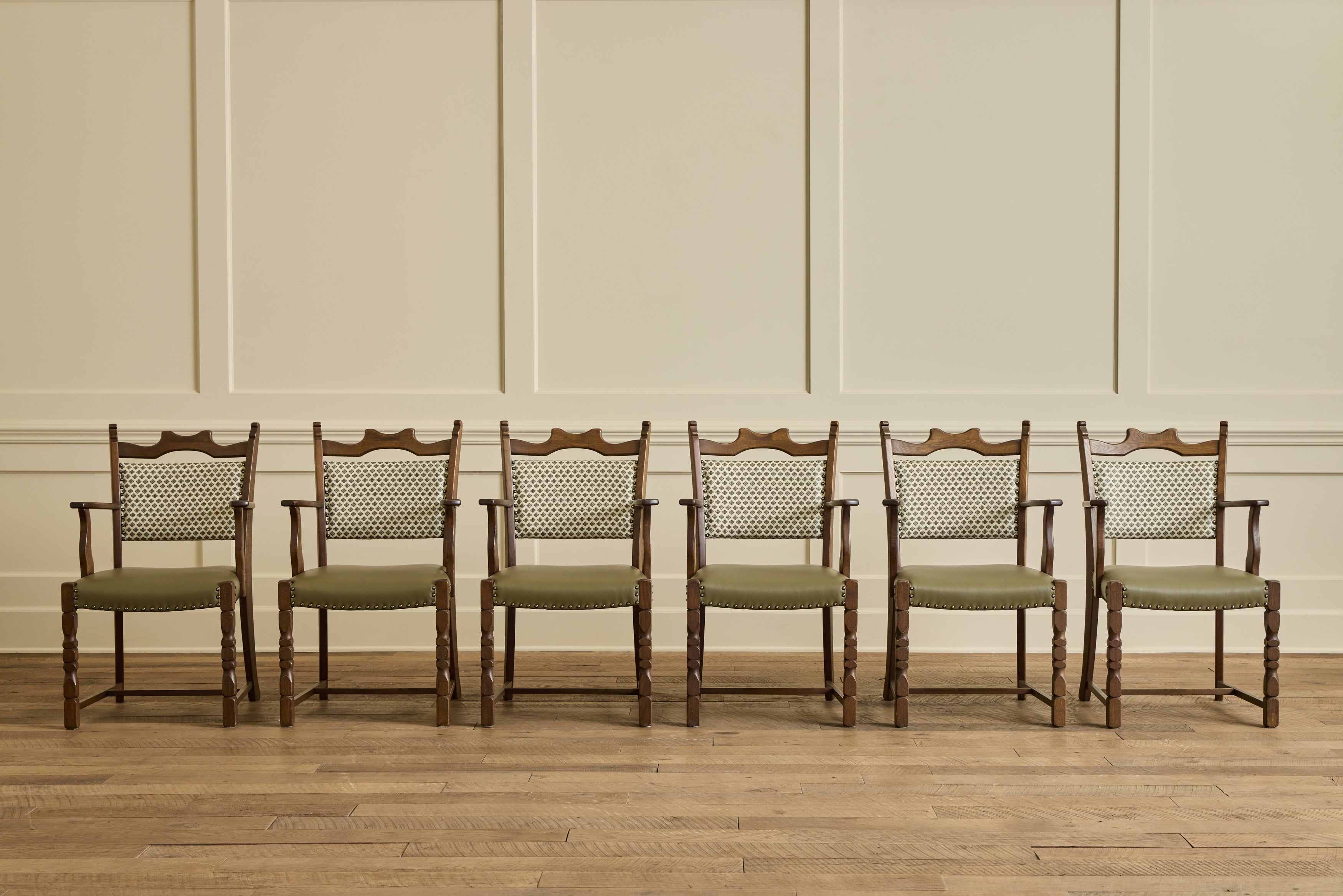 Set of 6 Dark Oak & Leather Chairs