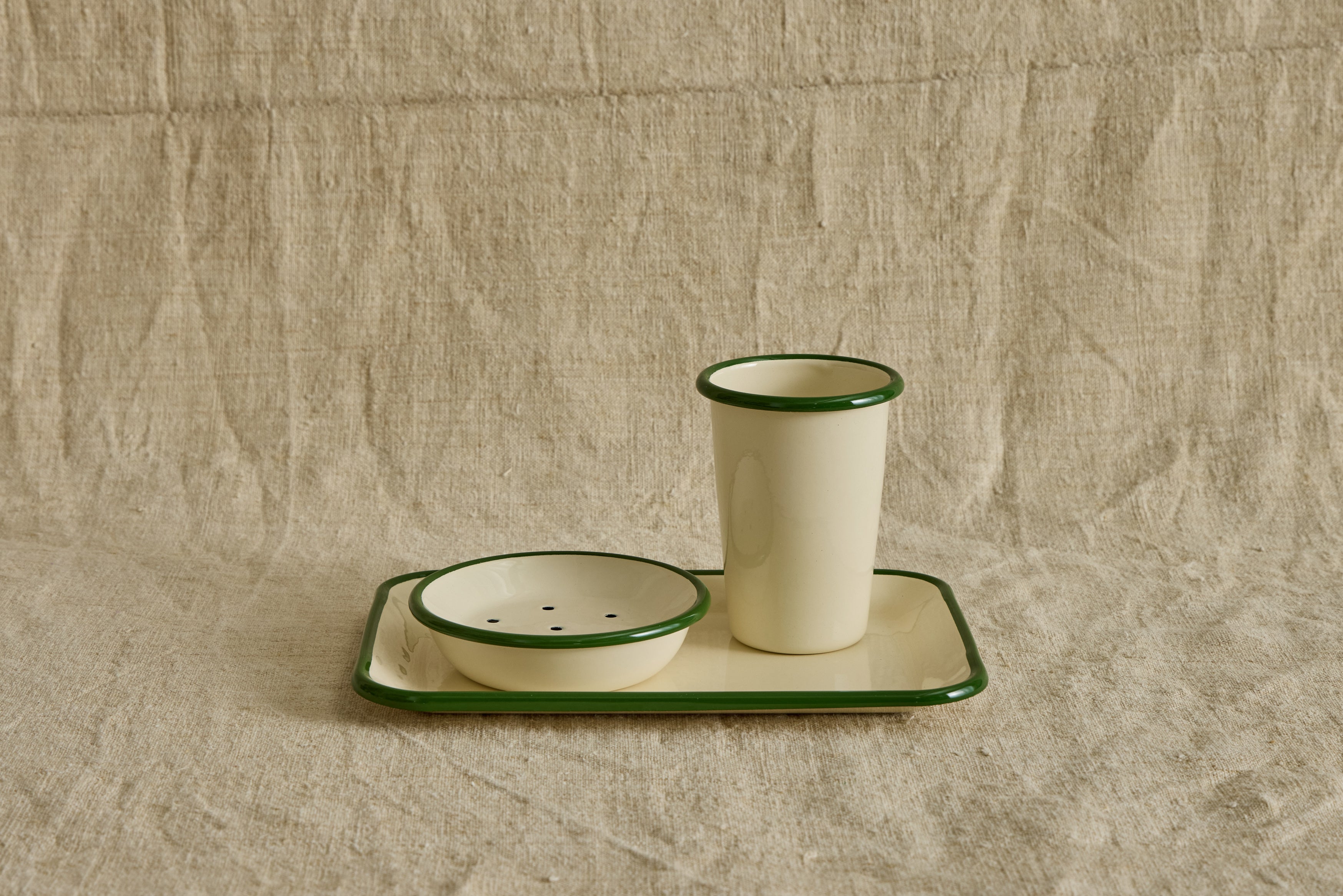Enamelware Soap Dish in Green & Ivory