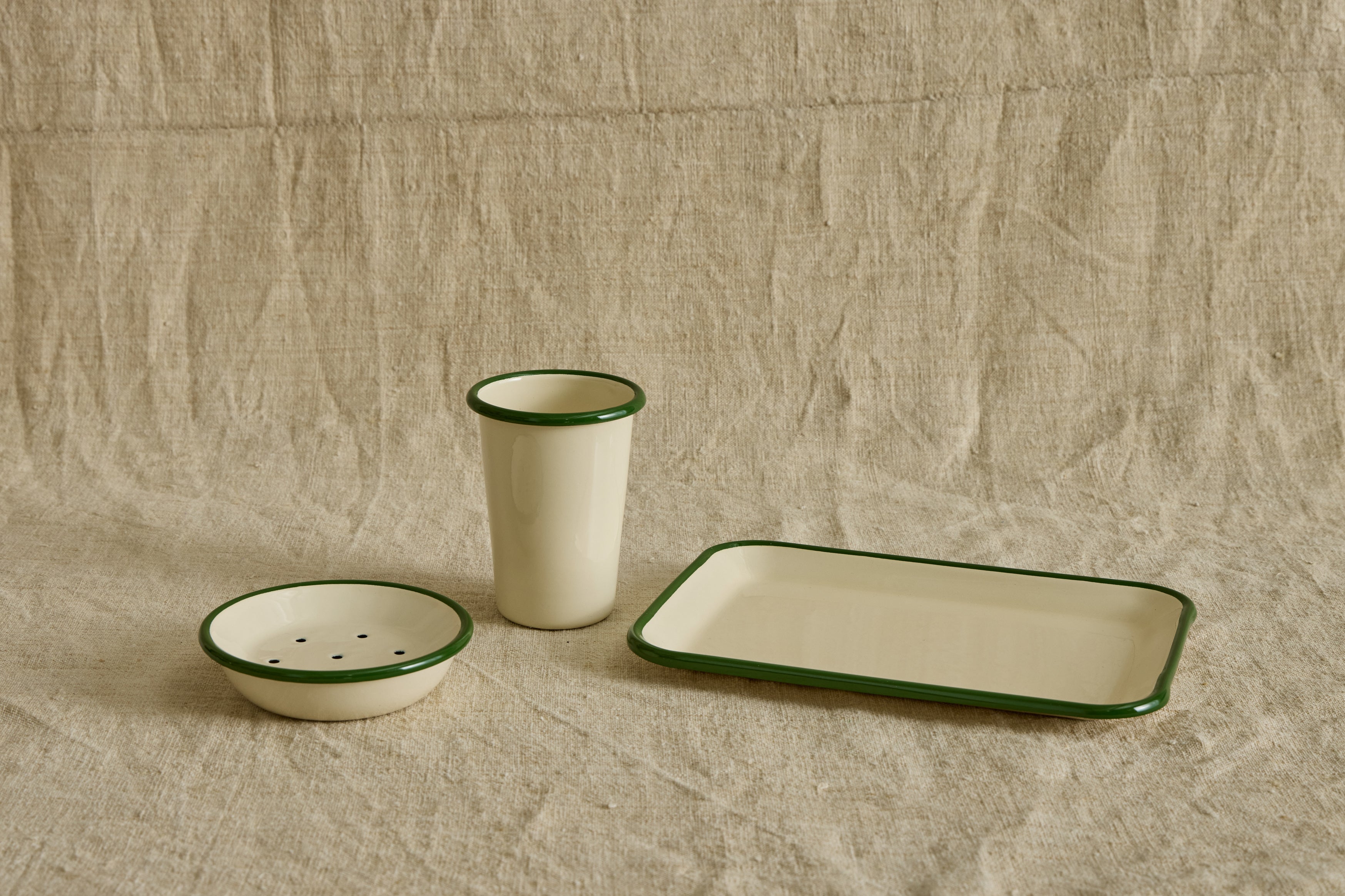 Enamelware Soap Dish in Green & Ivory