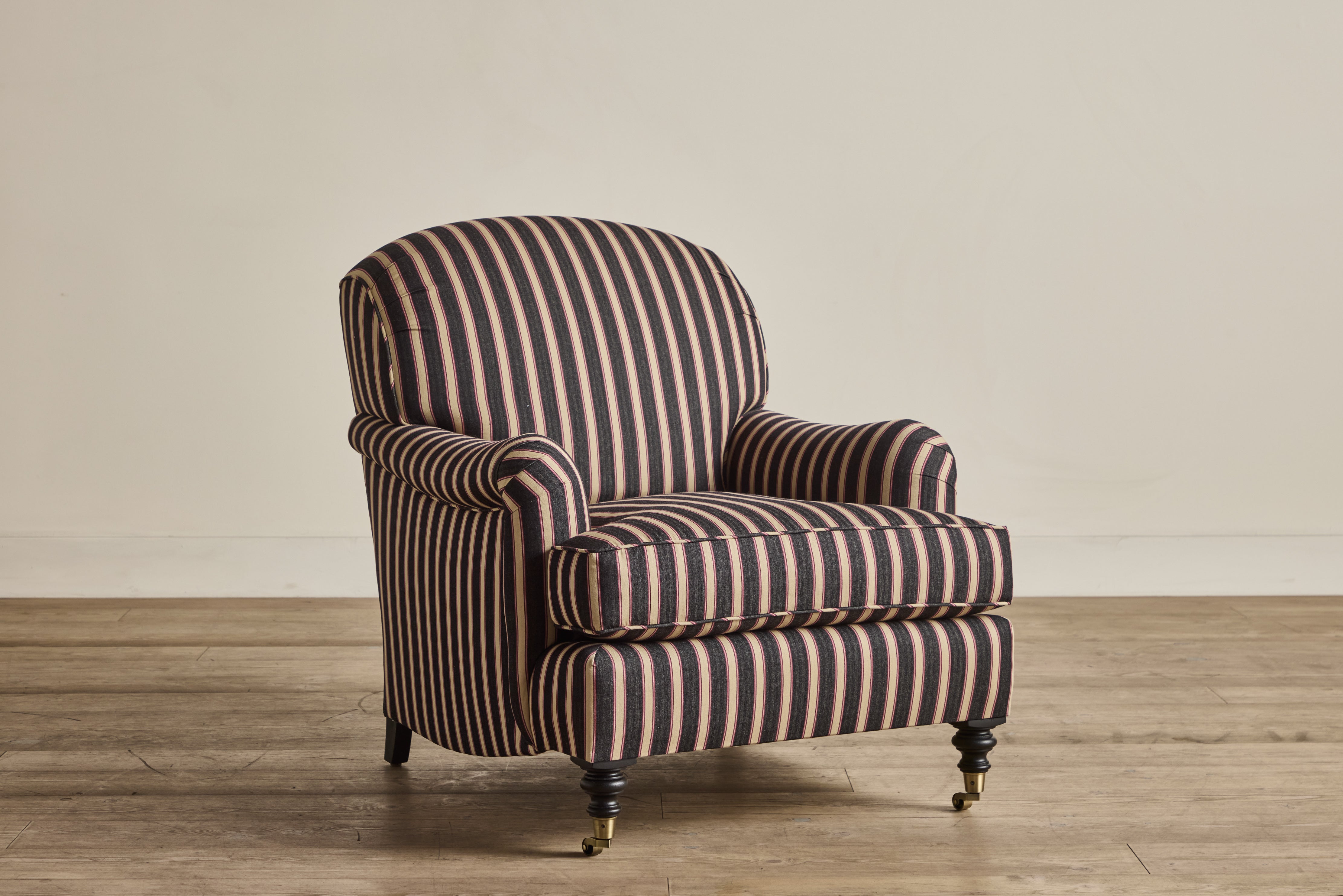 Shown in Customer's Own Material (Ian Mankin, Silhouette Stripe in Black/Claret and Dark Oak), 32"