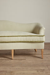 Shown in Customer's Own Material (Libeco, Stonewashed Linen Celadon with Samuel and Sons, Strata Marabout 10 Pear Trim) and Natural Oak