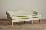 Shown in Customer's Own Material (Libeco, Stonewashed Linen Celadon with Samuel and Sons, Strata Marabout 10 Pear Trim) and Natural Oak