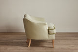 Shown in Customer's Own Material (Libeco, Stonewashed Linen Celadon with Samuel and Sons, Strata Marabout 10 Pear Trim) and Natural Oak