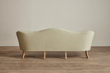 Shown in Customer's Own Material (Libeco, Stonewashed Linen Celadon with Samuel and Sons, Strata Marabout 10 Pear Trim) and Natural Oak
