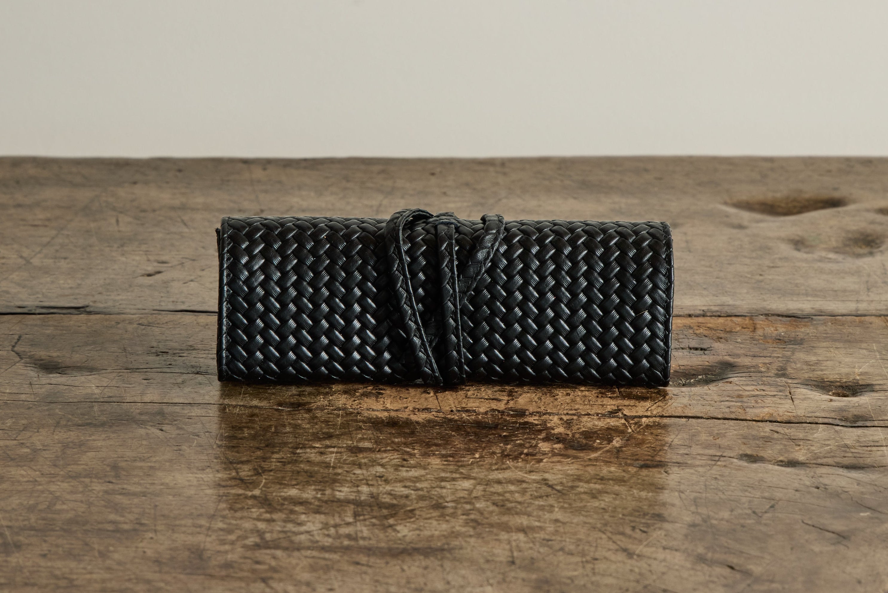 Black Woven Leather Jewelry Roll