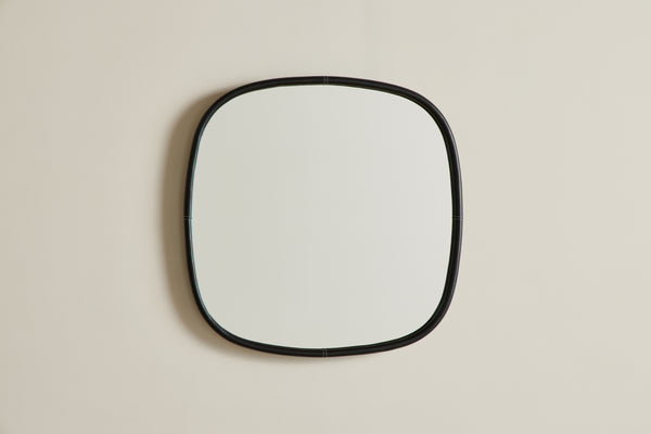 Square Black Leather Mirror, Large