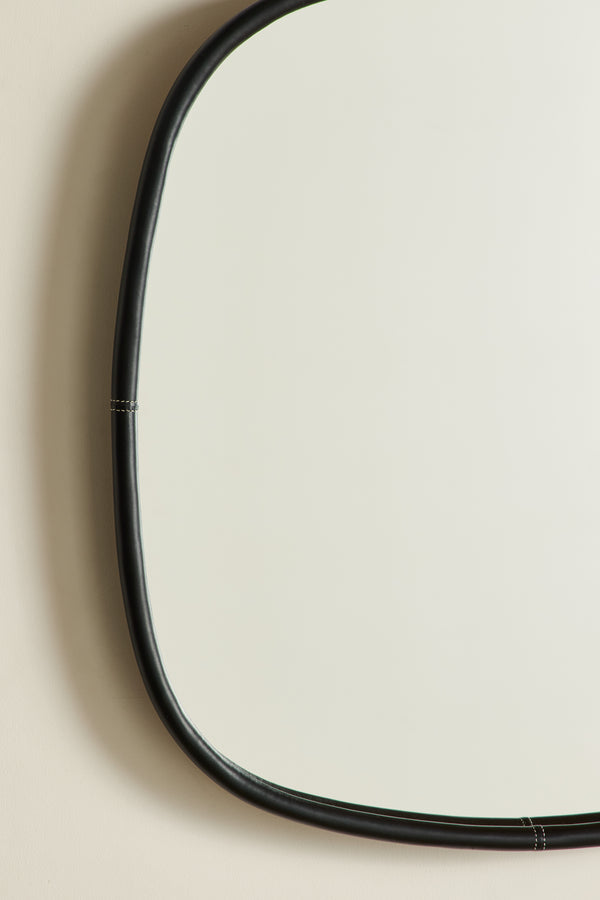 Square Black Leather Mirror, Large