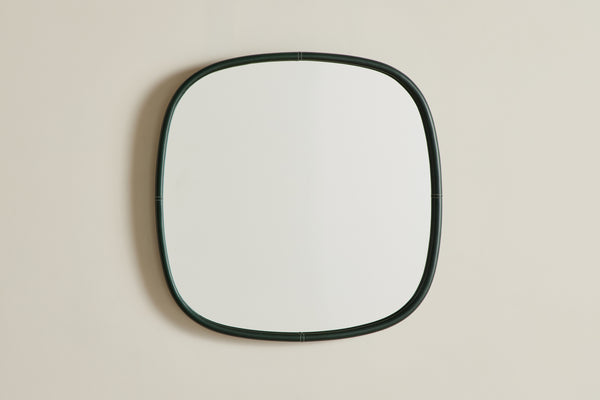 Square Green Leather Mirror, Large