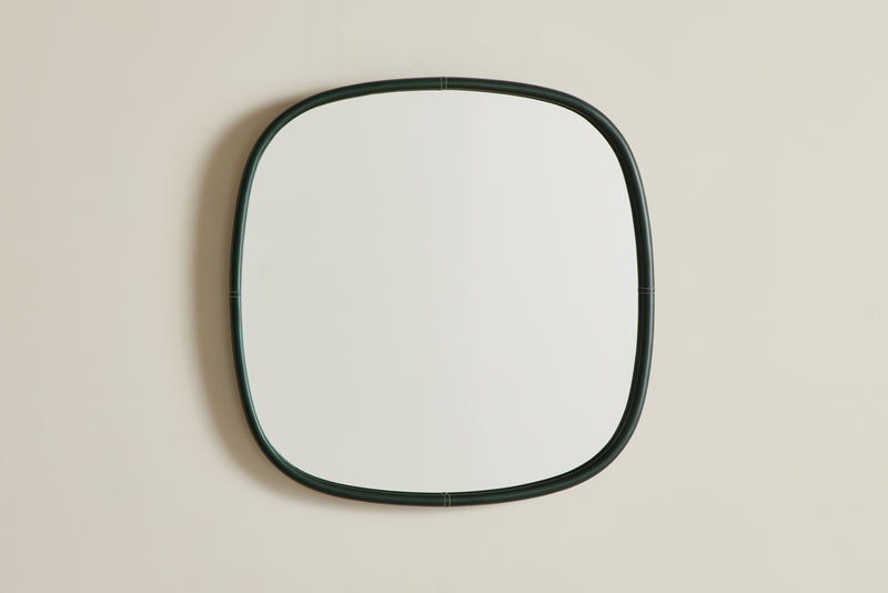 Square Green Leather Mirror, Large