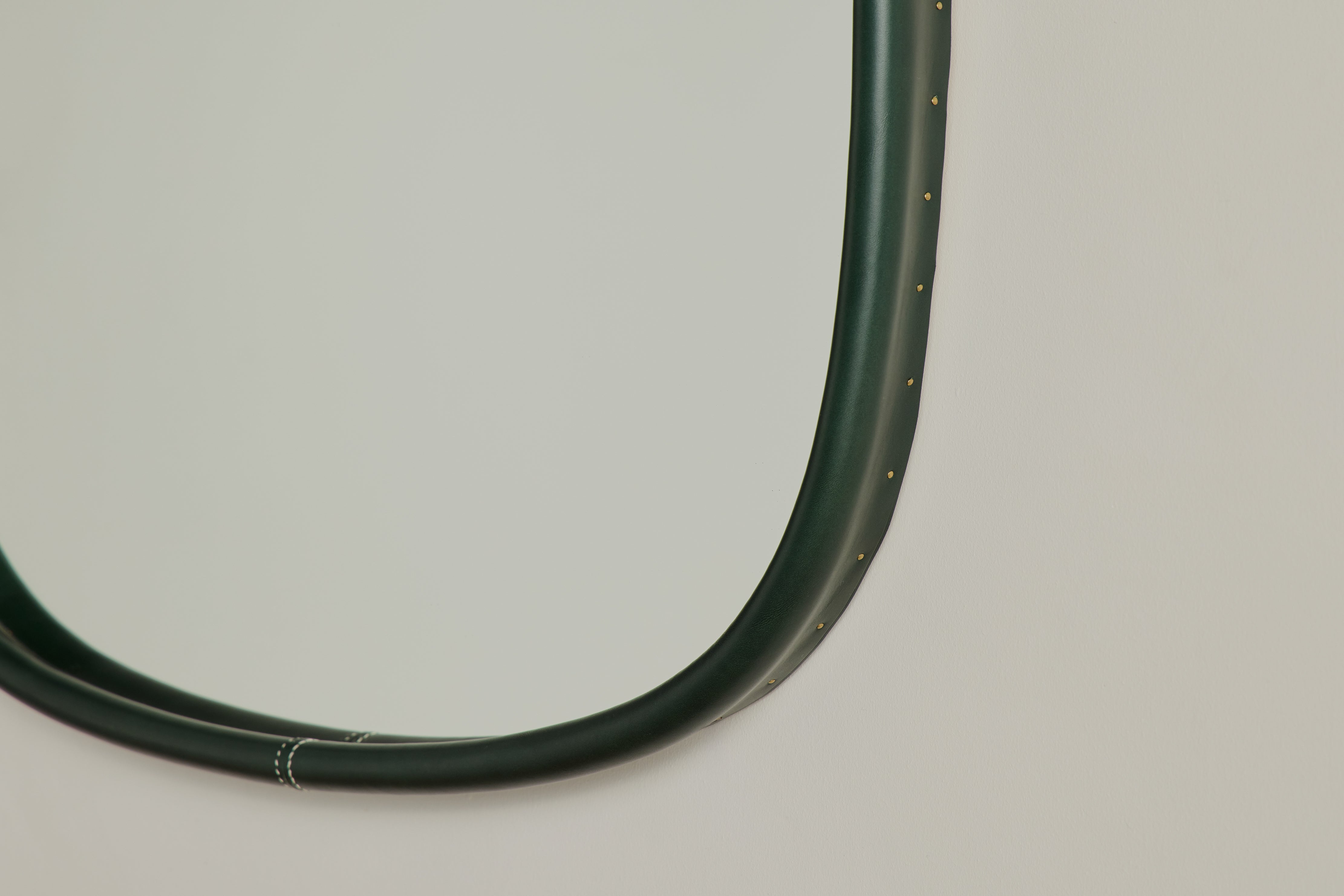 Square Green Leather Mirror, Large