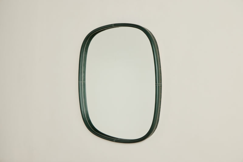 Square Green Leather Mirror, Large