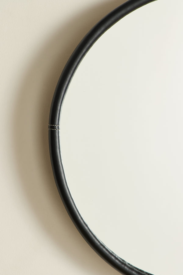 Round Black Leather Mirror