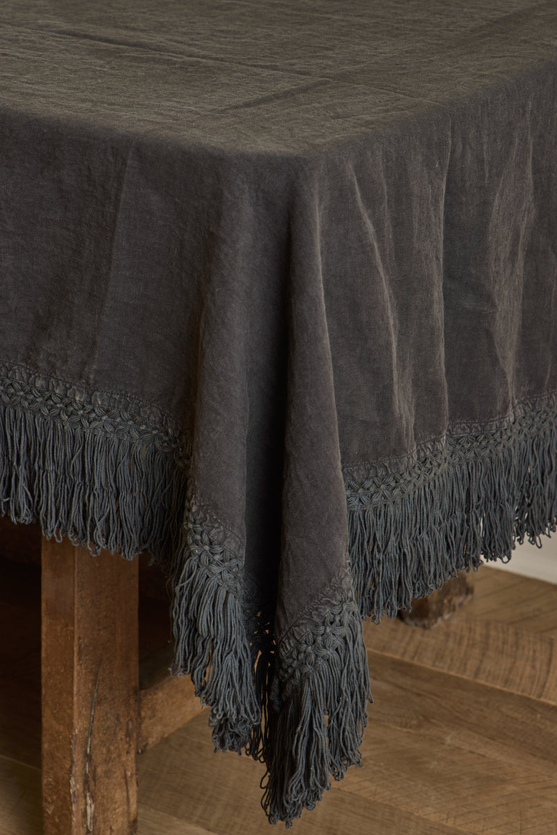 Linen Tablecloth in Slate Fringe